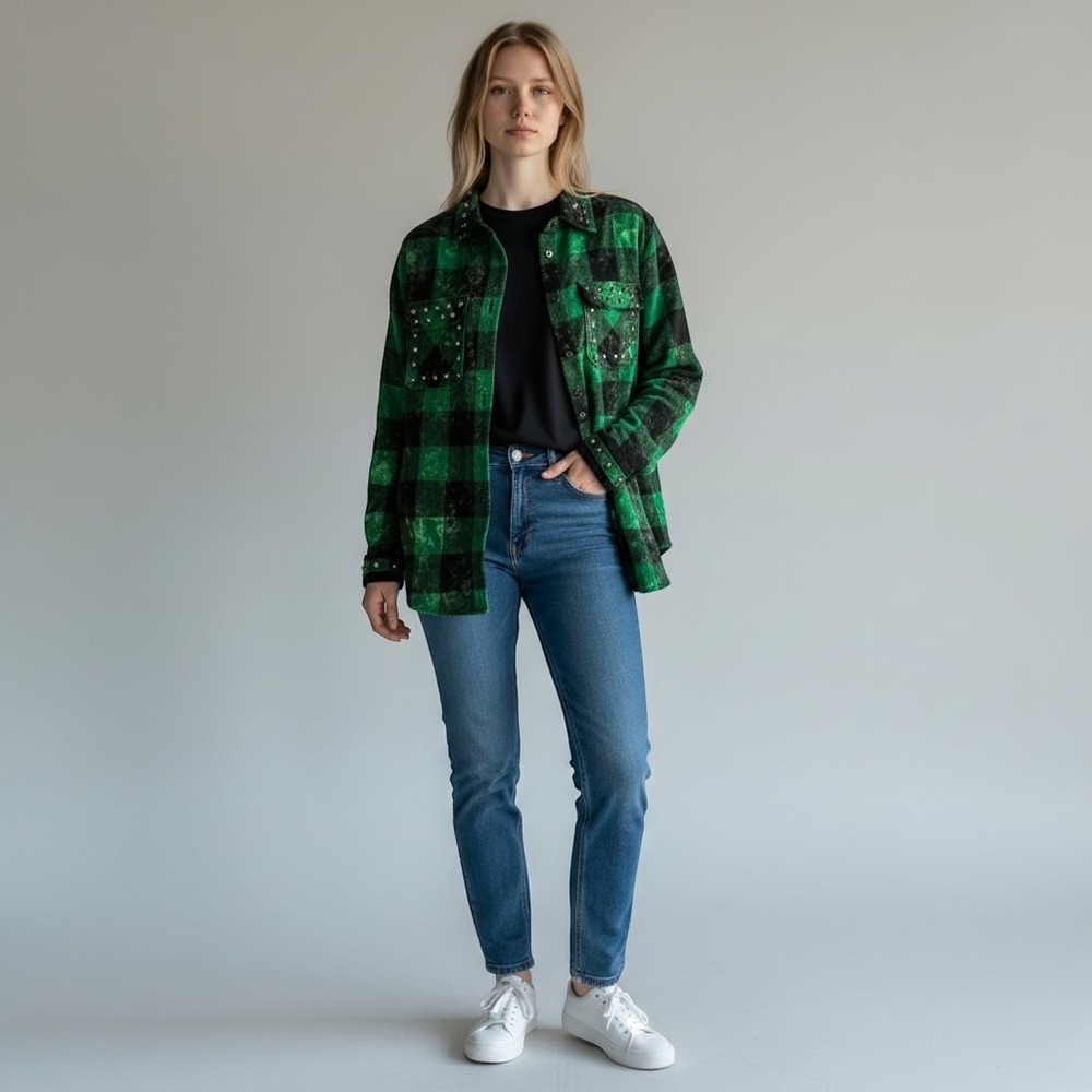 Coach 1941 Womens Green Plaid Studded Leather Yoke Flannel Shirt 6 58244